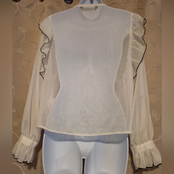 Zara White Blouse with Black Trim Ruffles - Picture 3 of 5